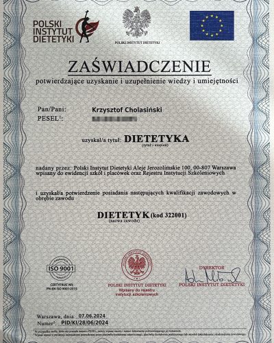 Dietetyk Online - Dietetix, dyplom